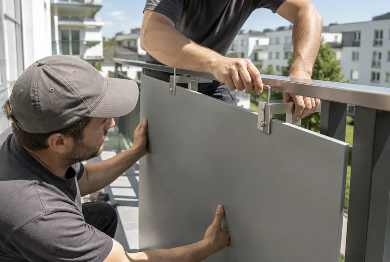 Handwerker montieren eine Verkleidungsplatte mit Klemmhaltern am Balkongeländer