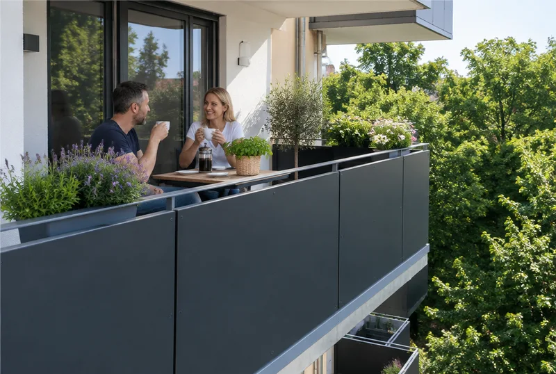 Balkon mit anthrazitfarbener Plattenverkleidung am Geländer, Paar beim Kaffee