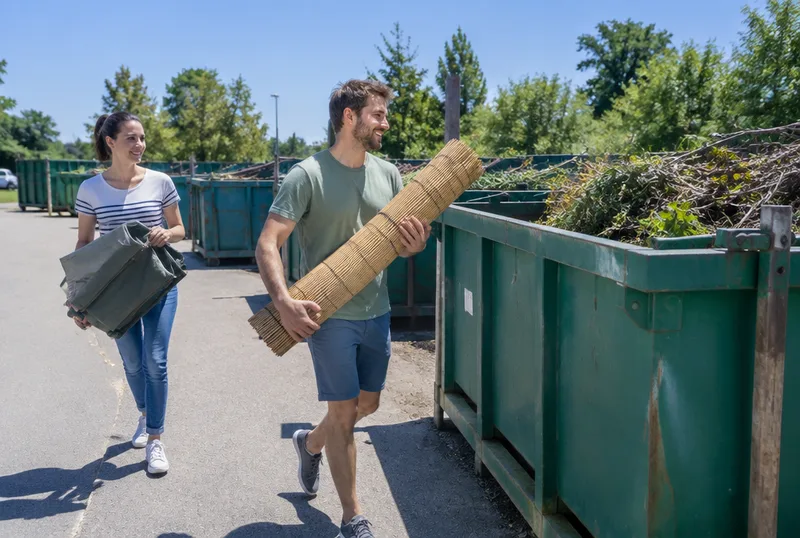Paar bringt Bambusmatte und Stoffbespannung zum Wertstoffhof