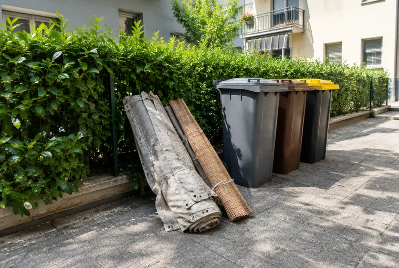 Alter Balkonsichtschutz und Bambusmatte neben den Mülltonnen