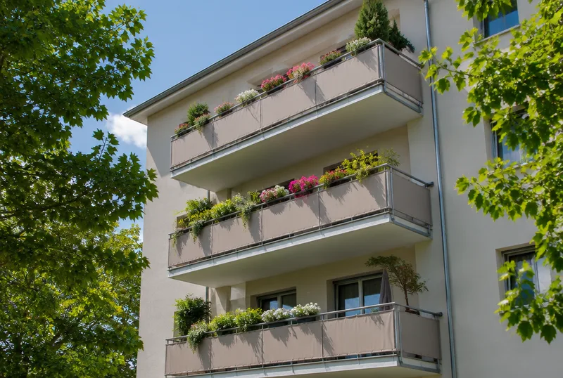 Wohnhaus mit einheitlichem Sichtschutz an allen Balkonen