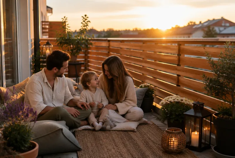 Familie auf dem Balkon mit Sichtschutz aus Lärchenholz-Lamellen