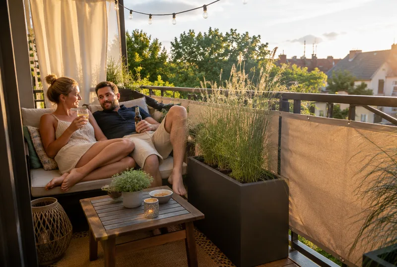 Balkon mit Stoffsichtschutz, Gräsern und Outdoor-Vorhang, Paar entspannt