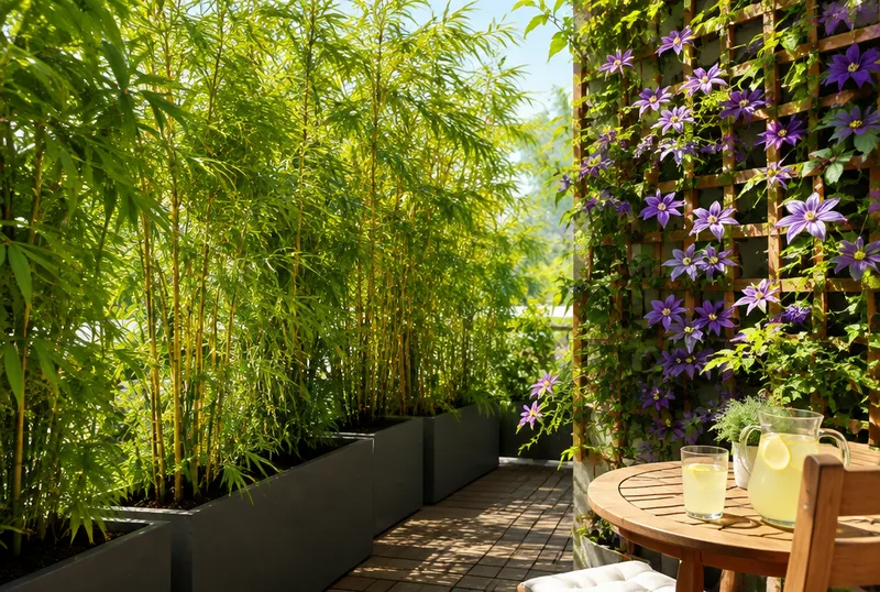 Bambus und Clematis als grüner Sichtschutz an der Balkonseite