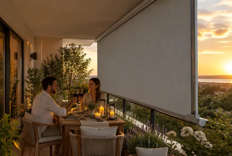 Seitenmarkise als Windschutz am gedeckten Balkontisch