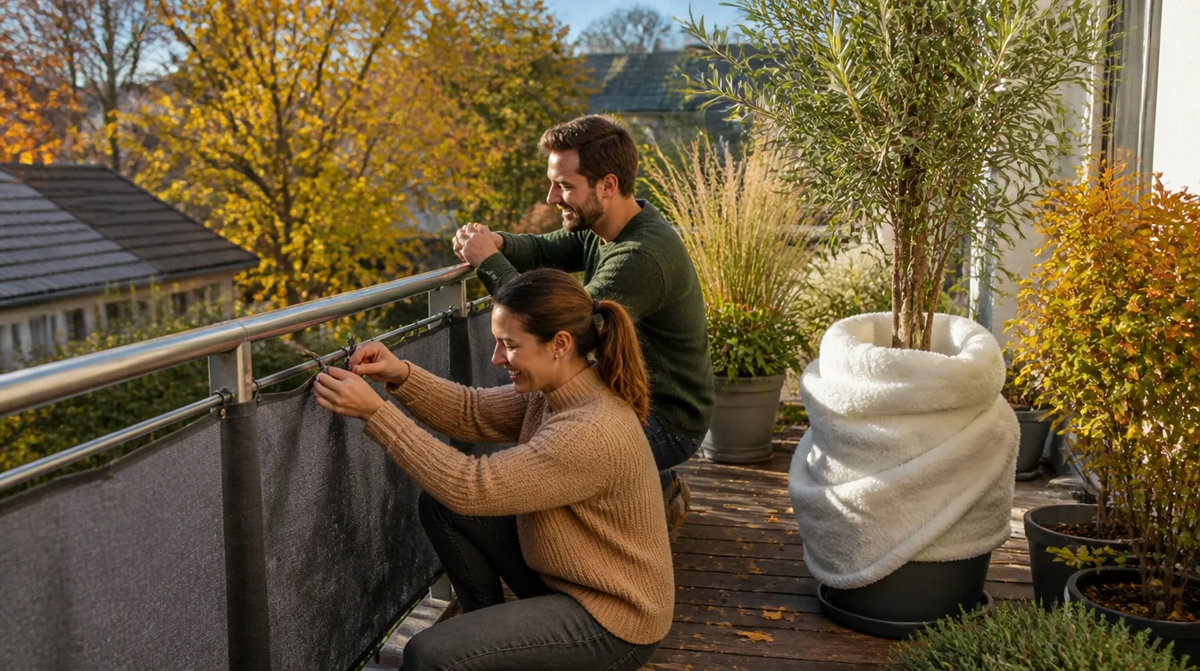 Balkon winterfest machen: Sichtschutz, Pflanzen und Möbel Paar zieht im Herbst die Kabelbinder am Balkon-Sichtschutz nach, daneben ein in Vlies gepackter Olivenbaum