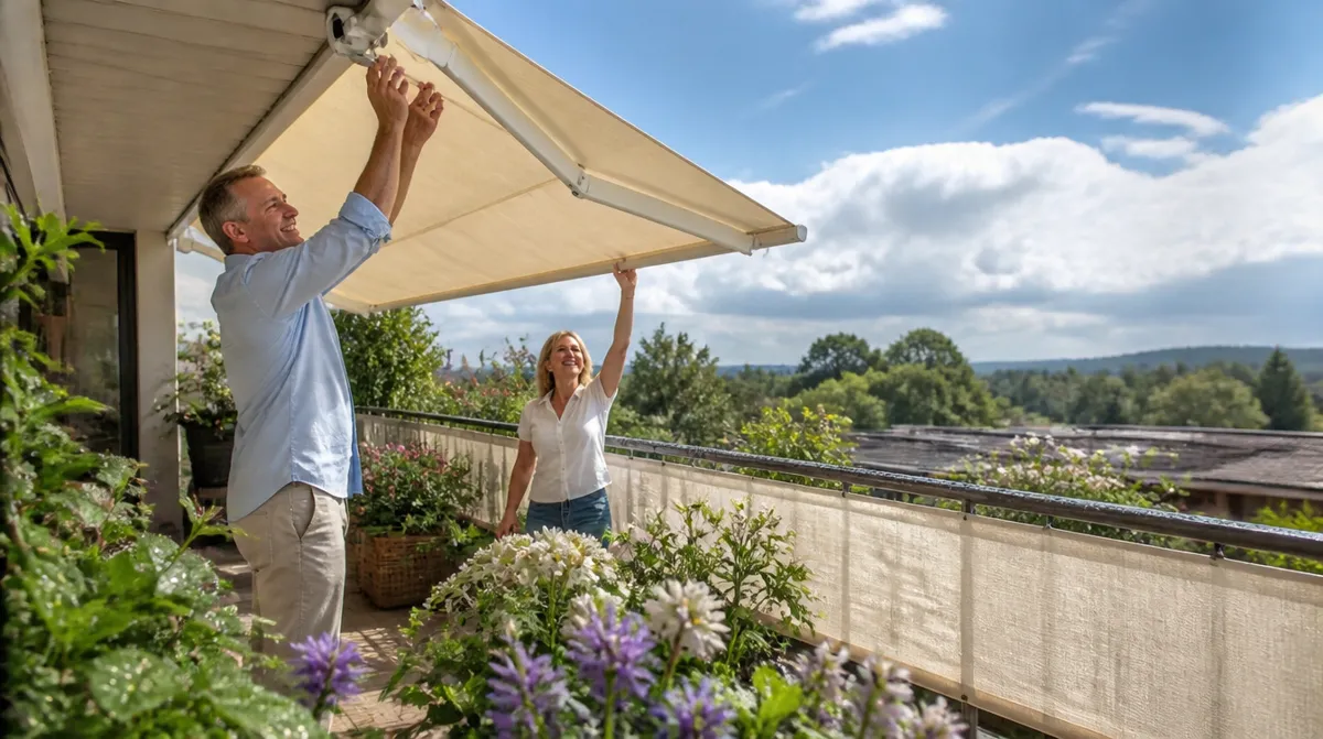 Paar fährt nach einem Sommerregen die cremefarbene Markise aus, an der Brüstung eine Seitenbespannung